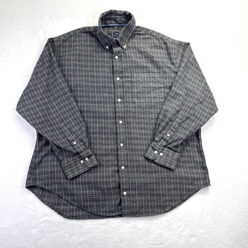 T‎ Harris London Mens XXL Grey Windowpane Check Cotton Flannel Button Down Shirt